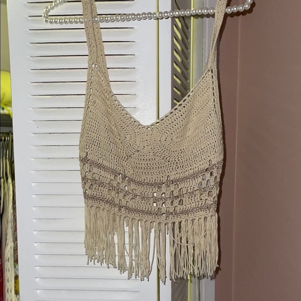 Lush Tan Crochet Fringe Crop Top